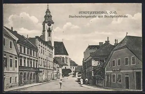 AK Eferding /O.-Ö., Starhembergstrasse mit Geschäften und Stadtpfarrkirche