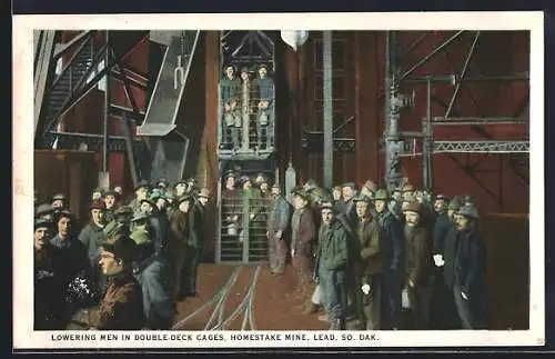 AK Lead, SD, Lowering men in double deck cages, Homestake Mine