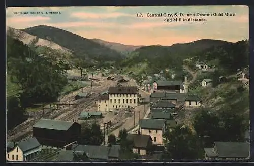 AK Central City, SD, General View and Desmet Gold Mine and Mill in distance