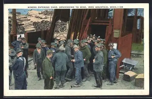 AK Iron Mountain, MI, Miners entering cage, descending to mine