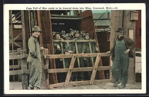 AK Ironwood, MI, Cage Full of Men ready to be lowered down into Mine