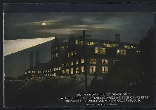 AK Lead, SD, Ellison Hoist by moonlight, Homestake Mining Co.