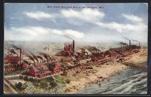 AK Milwaukee, Bay view rolling Mills, Blick auf die Fabrik