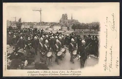 AK Orléans, Fête de Jeanne d`Arc / Johanna von Orleans, La Procession, Sapeurs Pompiers, Tambours et Musique, Feuerwehr