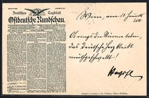 AK Zeitung Ostdeutsche Rundschau, Titelblatt 29.11.1897