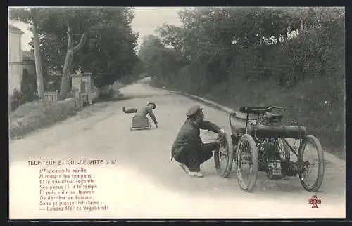 AK Teuf-Teuf et Cul-de-Jatte, Beinamputierter auf handgetriebenem Rollgefährt und Mann mit Fahrrad-Rikscha