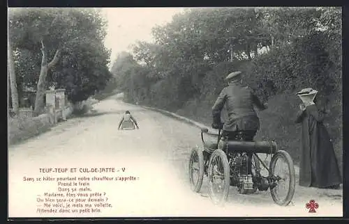 AK Teuf-Teuf et Cul-de-Jatte, Beinamputierter fährt mit handgetriebenem Rollgefährt, Fahrrad-Rikscha, m. Fahrer und Dame