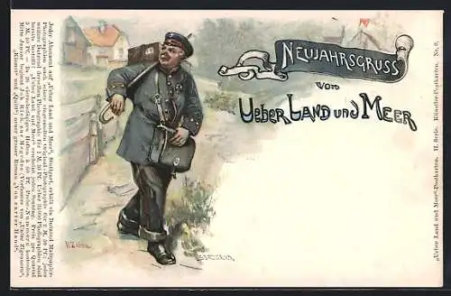 Lithographie Briefträger unterwegs vor einem Ort, Über Land und Meer, Neujahrsgruss