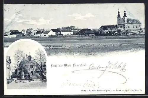 AK Maria Lanzendorf, Panorama und Kirche