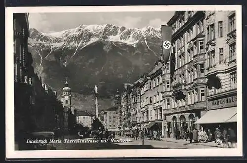 AK Innsbruck, Maria Theresienstrasse mit Warenhaus und Nordkette, 