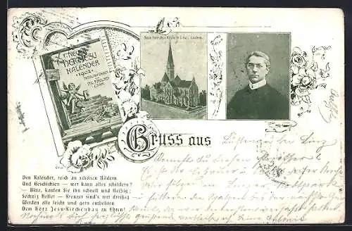 AK Linz, Lustenau, Neuer Herz-Jesu Kalender 1902 mit Englein, Neue Herz-Jesu-Kirche, Geistlicher