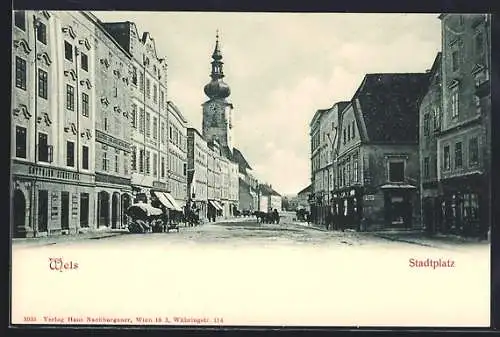 AK Wels, Stadtplatz mit Geschäften