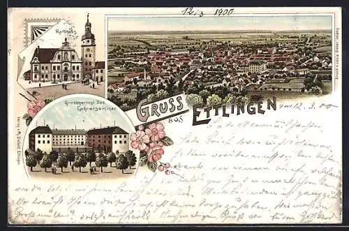 Lithographie Ettlingen, Rathaus, Grossherzogl. Bad und Lehrerseminar, Totalansicht