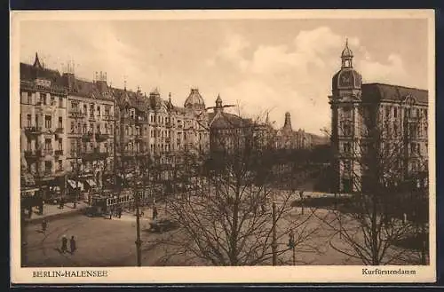 AK Berlin-Halensee, Kurfürstendamm mit Strassenbahn und Anlage aus der Vogelschau, Strassenpartie