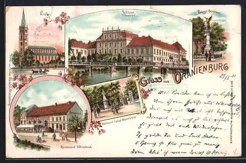 Lithographie Oranienburg, Restaurant O. Brederek, Denkmal Luise Henriette, Schloss mit Brücke