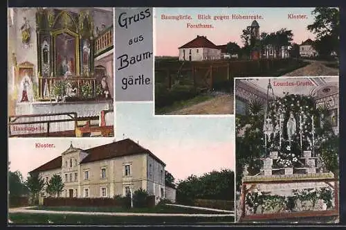 AK Baumgärtle, Kloster, Panorama mit Forsthaus, Lourdes-Grotte