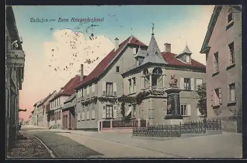 AK Osthofen, Strassenpartie mit Gaststätte zum deutschen Haus Güttenberger und Kriegerdenkmal