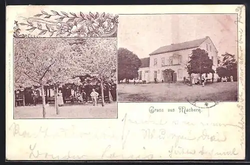 AK Machern, Gasthof zur Eisenbahn, Gesamt- und Gartenansicht