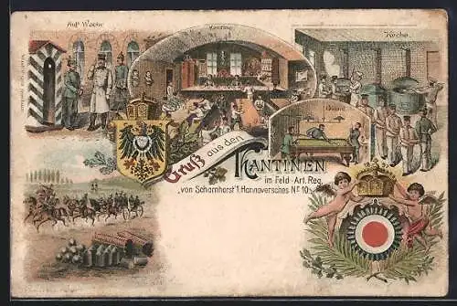 Lithographie Hannover, Feld Art. Reg. von Scharnhorst, 1. Hann. Nr. 10, Kantine mit Küche u. Billard, Wache, Manöver