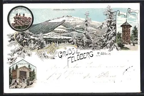 Winter-Lithographie Feldberg i. T., Streng-Hütte, Lips-Tempel, Gesamtansicht