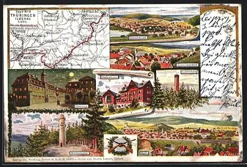 AK Suhl, Blick auf die Stadt, Ansichten von Ilmenau, Stützerbach und Stutenhaus, Landkarte mit Wanderroute