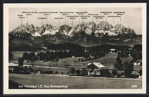 AK Kitzbühel, Teilansicht mit Kaisergebirge, Ellmauer Haltspitze, Schönwetter Fensterl, Nauckspitze