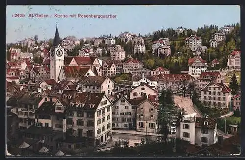 AK St. Gallen, Kirche mit Rosenbergquartier aus der Vogelschau