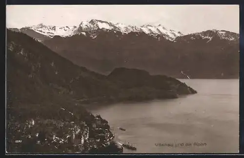 AK Vitznau, Ortsansicht und die Alpen