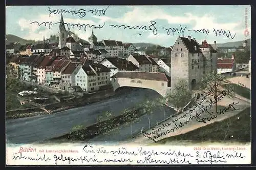 AK Baden, Ortsansicht mit Fluss und Landvogteischloss