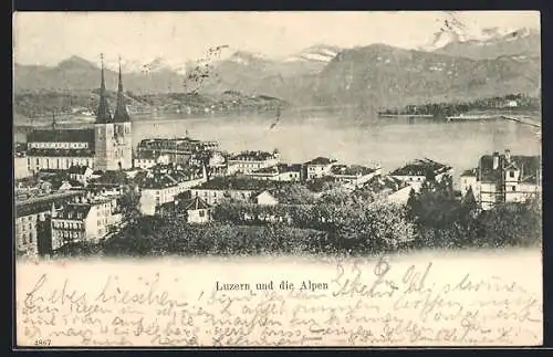 AK Luzern, Stadtansicht und die Alpen