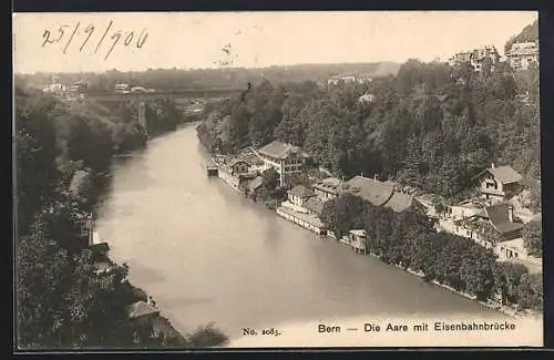 AK Bern, Die Aare mit Eisenbahnbrücke