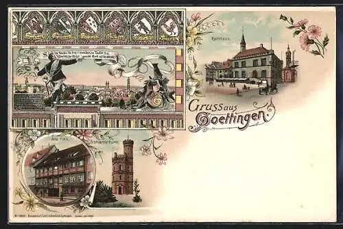 Lithographie Goettingen, Rathaus, Bismarckturm, Alte Fink, Wappen