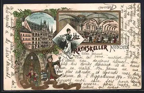 Lithographie München, Rathskeller in vier Ansichten mit dem Münchner Kindl