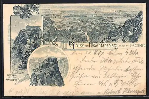 Lithographie Thale, Hexentanzplatz mit Blick von Diesem, Bismarck-Felsen