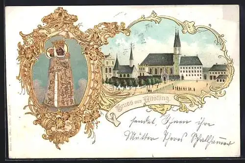 Lithographie Altötting, Gnadenbild, Am Kapellplatz