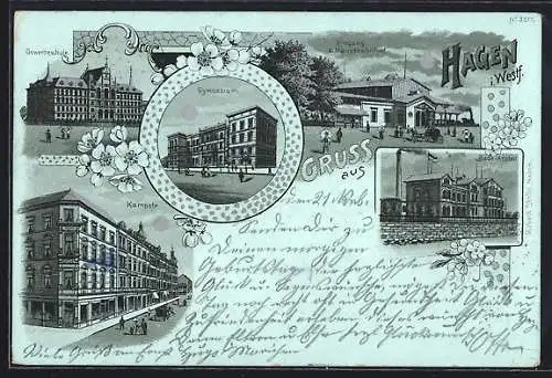 Lithographie Hagen i. Westf., Eingang a. Hauptbahnhof, Gymnasium, Badeanstalt, Gewerbeschule, Kampstrasse