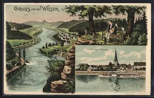 Künstler-AK Holzminden /Weser, Weserpartie und Landschaftsbild a. d. Weser, Weserlied rückseitig