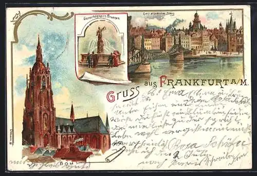 Lithographie Alt-Frankfurt, Dom, Gerechtigkeits Brunnen, Der eiserne Steg