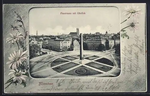 AK München, Panorama mit Obelisk