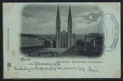 Mondschein-AK Wiesbaden, Kath. Kirche, Waterloo-Säule u. Gymnasium