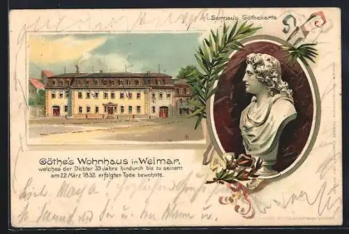 Lithographie Weimar, Goethes Wohnhaus und Büste des jungen Dichters