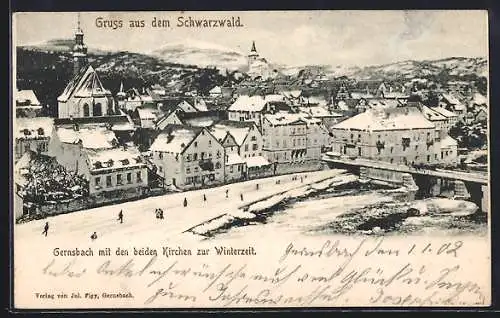 AK Gernsbach /Schwarzwald, Ortsansicht mit den beiden Kirchen zur Winterzeit