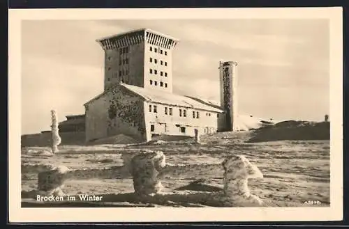 AK Thale /Harz, Brockenhotel und Turm im Winter