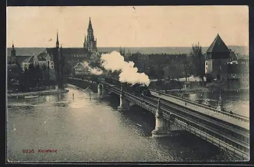 AK Konstanz, Uferpartie mit Münster und Eisenbahnbrücke