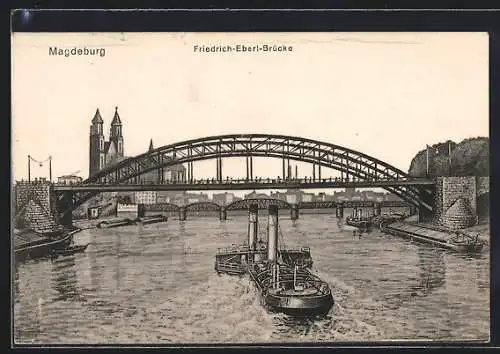 Künstler-AK Magdeburg, Friedrich-Ebert-Brücke mit Boot, Im Hintergrund Kirche