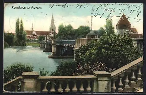 AK Konstanz, Uferpartie mit Brücke