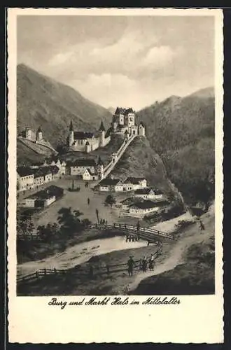 Künstler-AK Passau, Burg und Markt Hals im Mittelalter