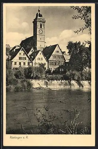 AK Nürtingen a. N., Uferpartie mit Kirche