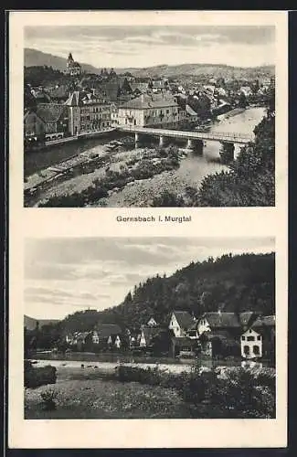 AK Gernsbach i. Murgtal, Teilansicht mit Brücke, Uferpartie