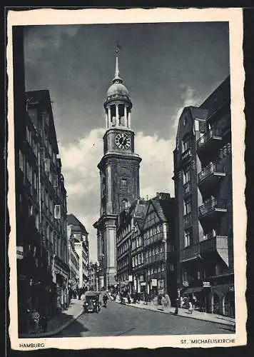 AK Hamburg-Neustadt, Strassenpartie mit Geschäften und St. Michaeliskirche